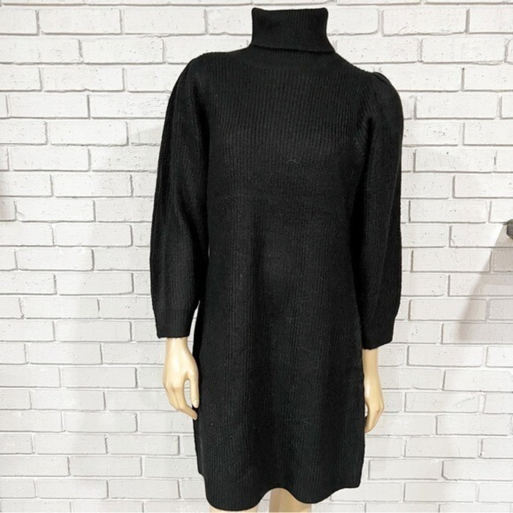 J.Crew Black Puff Sleeve Turtleneck Sweater Dress Quiet Luxury Preppy L NWT